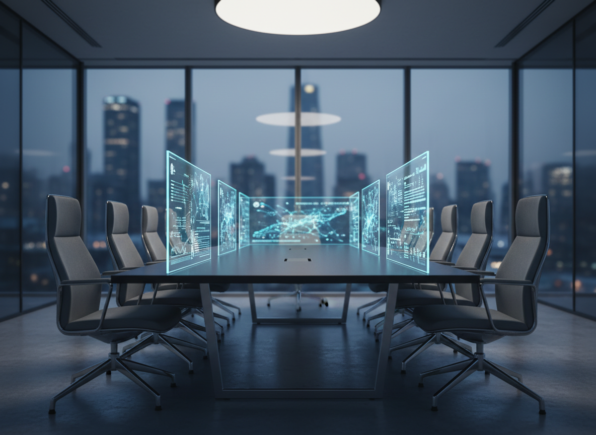 A sleek, ultra-modern AI consulting command center featuring a long, dark matte conference table surrounded by sculptural, high-backed chairs, all unoccupied. On the table, several thin, frameless holographic displays emerge from the surface, showing abstract neural network patterns and glowing data flows instead of text. Floor-to-ceiling windows reveal a softly blurred city skyline at dusk. Cinematic, cool-toned lighting with subtle rim light traces the edges of the table and screens, creating a sophisticated, high-tech atmosphere. Shot from a slightly elevated, wide-angle perspective with strong depth, emphasizing both the table and the expansive room. The style is photographic realism with a clean, polished, cinematic look that conveys strategic AI integration and executive-level consulting.